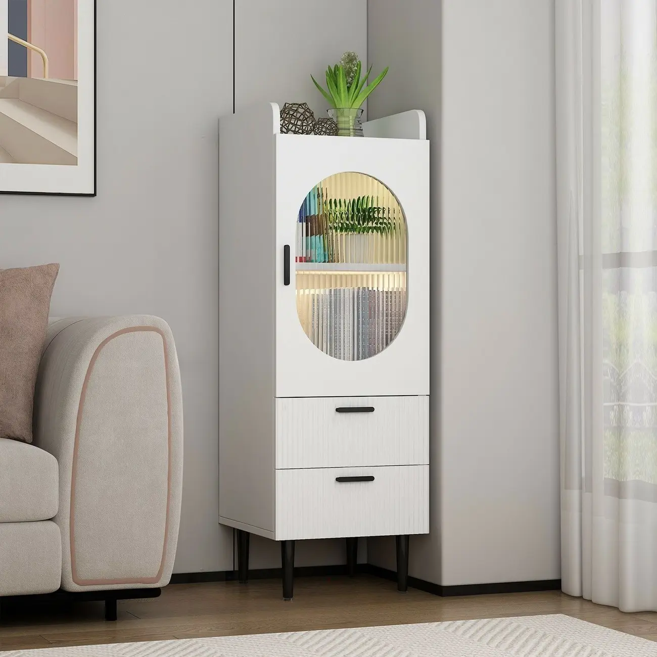 Modern White Wood Glass Storage Cabinet with Tray Top Image - 7 | homeyfad