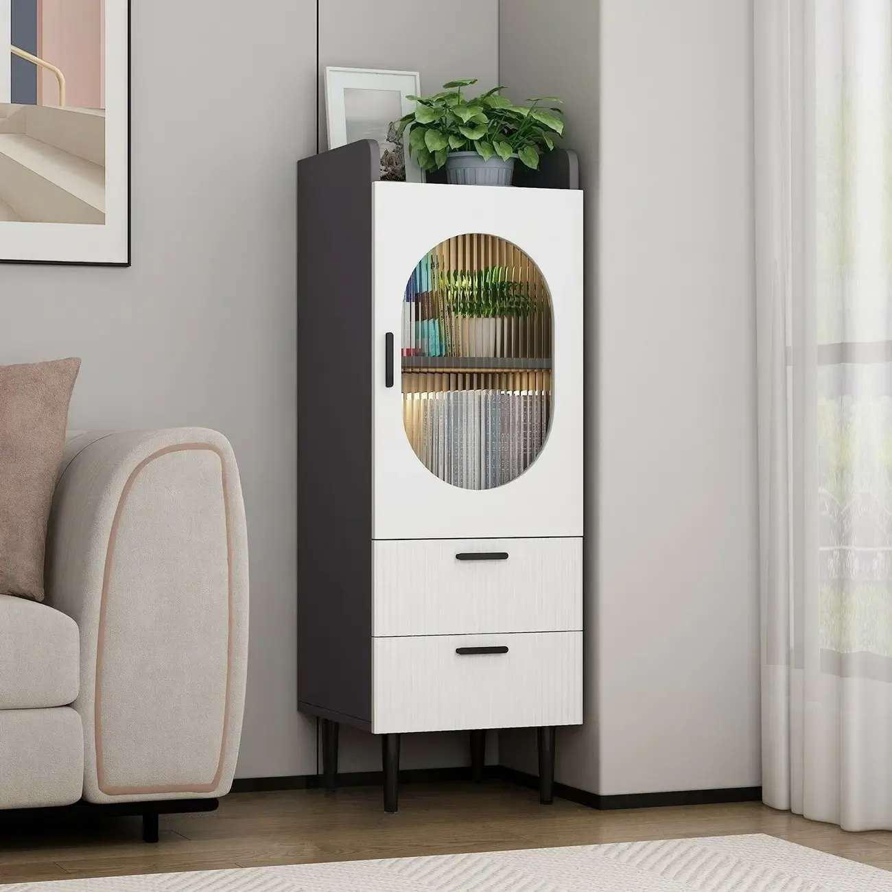 Modern White Wood Glass Storage Cabinet with Tray Top Image - 9