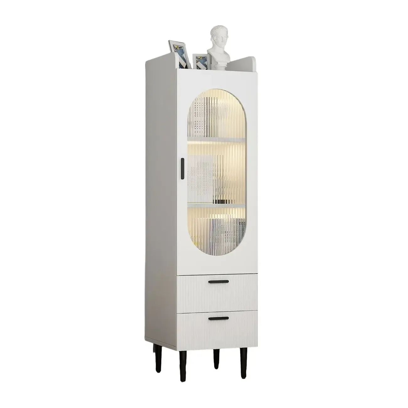 Modern White Wood Glass Storage Cabinet with Tray Top Image - 10