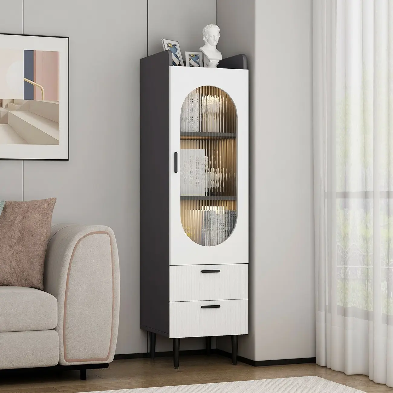 Modern White Wood Glass Storage Cabinet with Tray Top Image - 13 | homeyfad