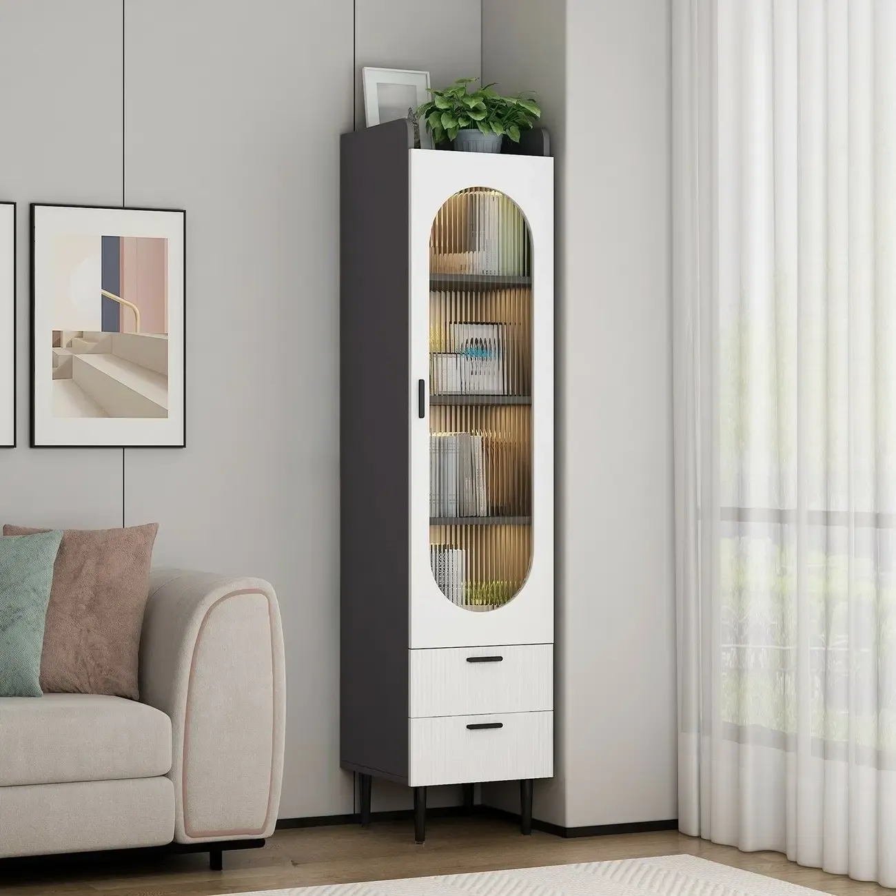 Modern White Wood Glass Storage Cabinet with Tray Top Image - 17
