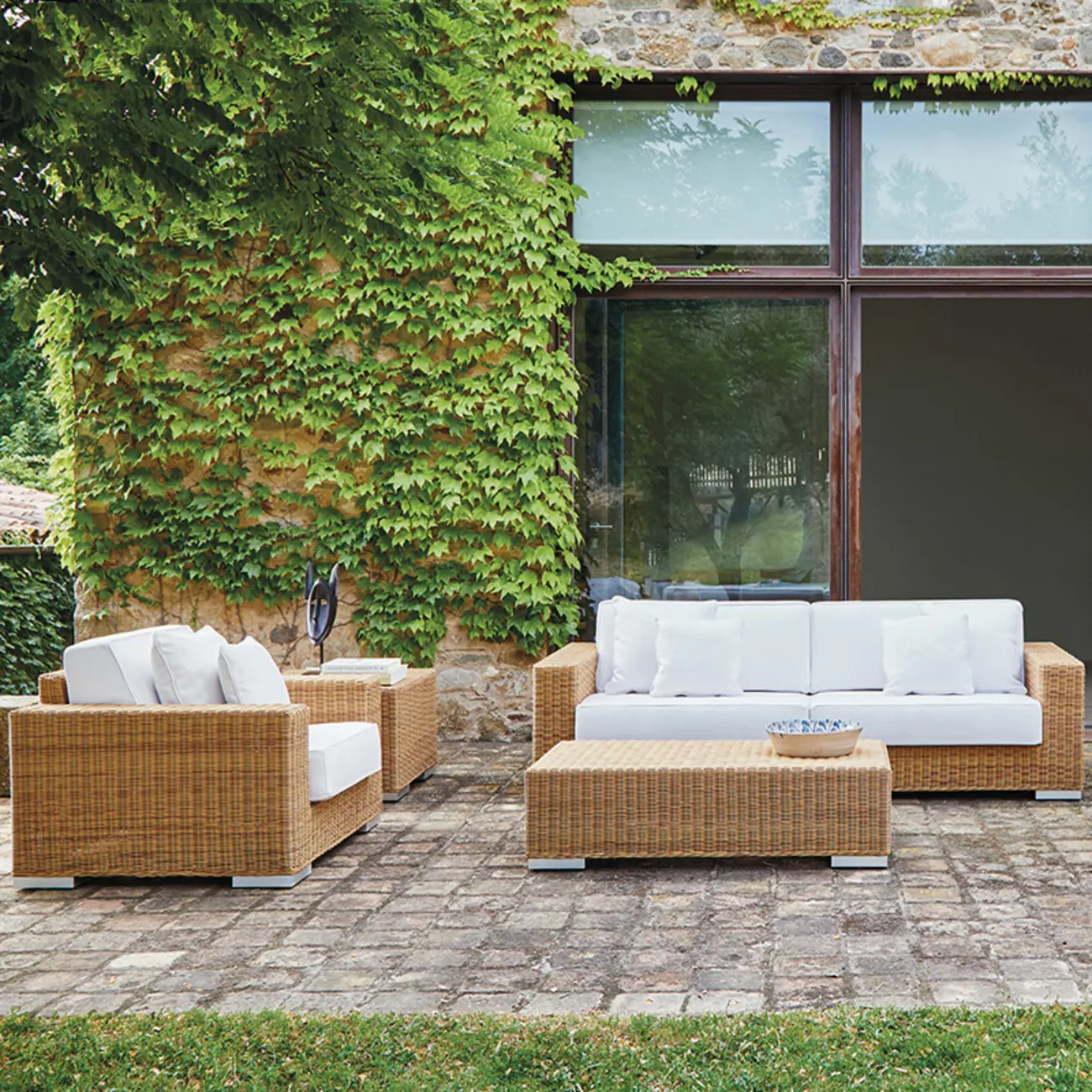 Tropical Rattan Outdoor Patio Sofa with White Cushions Image - 2 | homeyfad