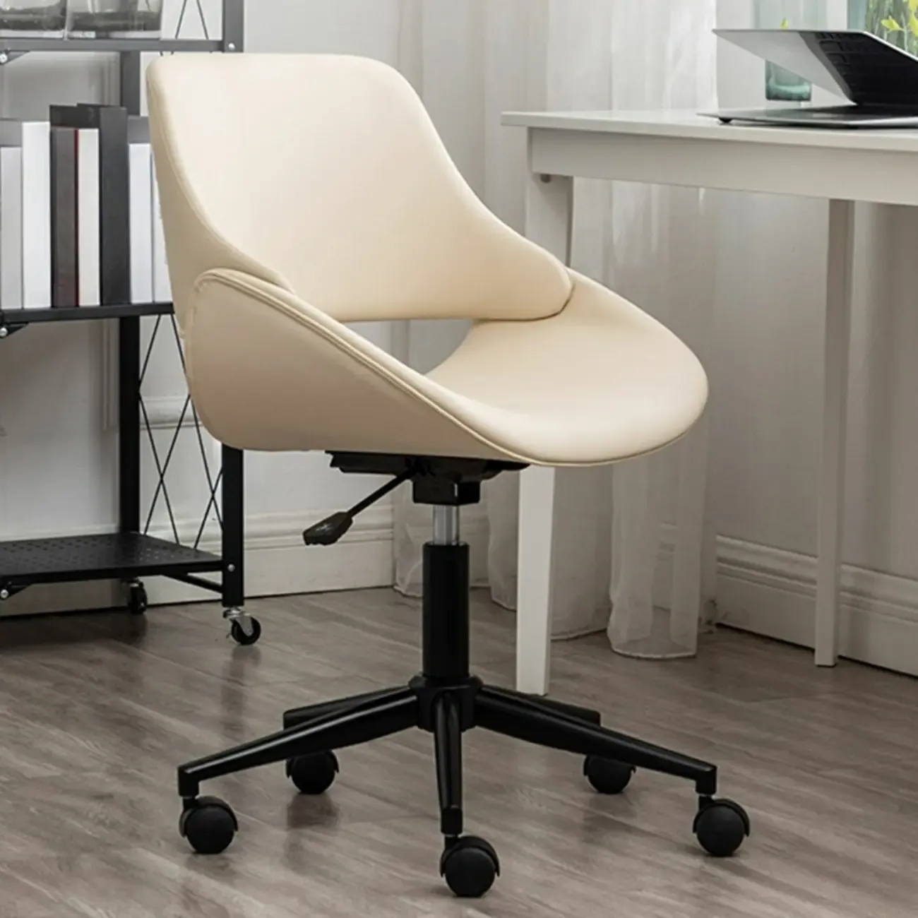 Open-Back Beige Office Chair with Casters Image - 1