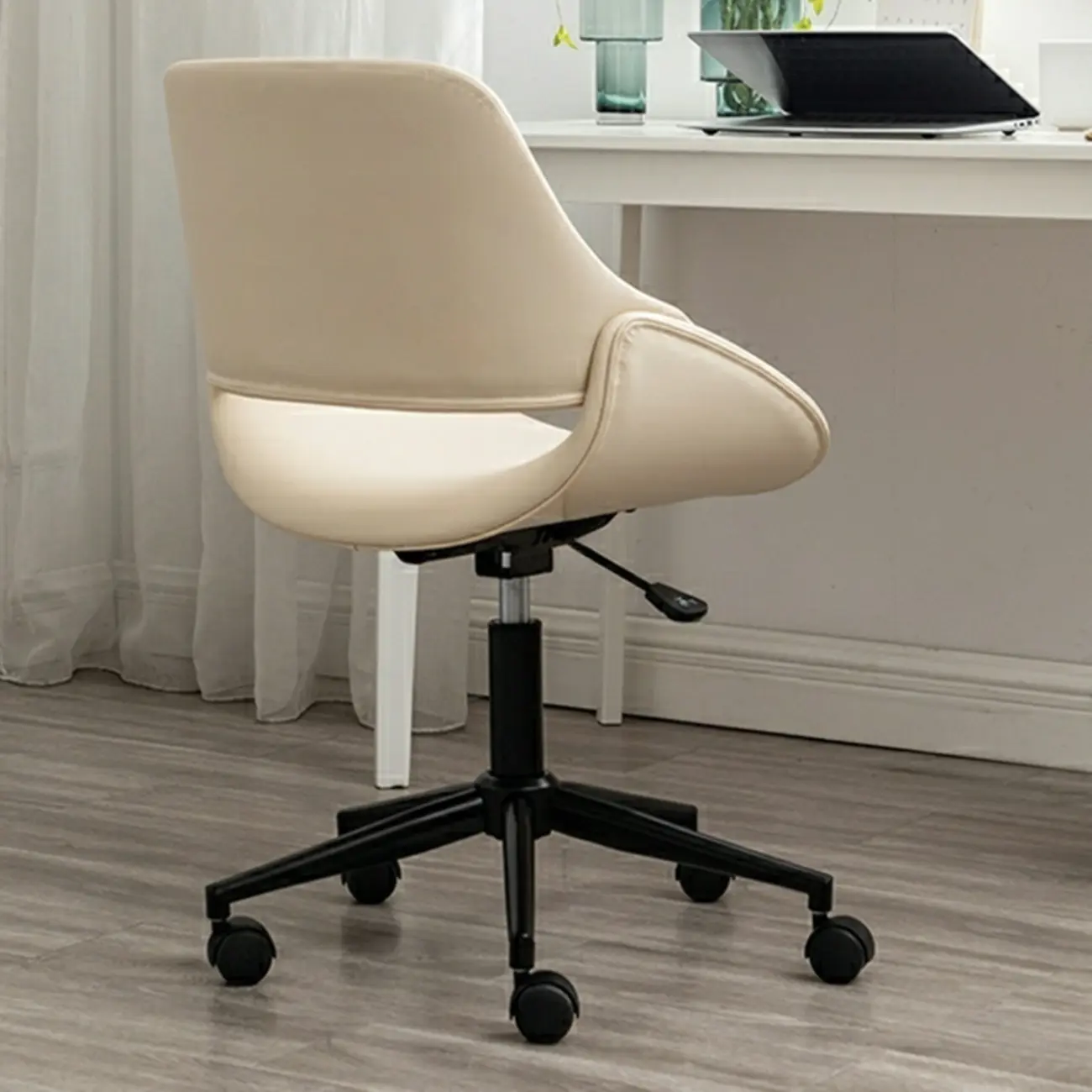 Open-Back Beige Office Chair with Casters Image - 4 | homeyfad