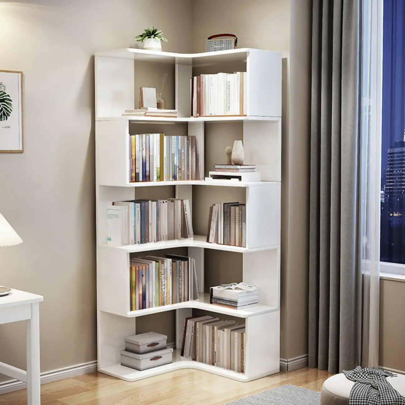 Grey Wood 5-Tier Open Corner Display Bookcase Image - 2 | homeyfad