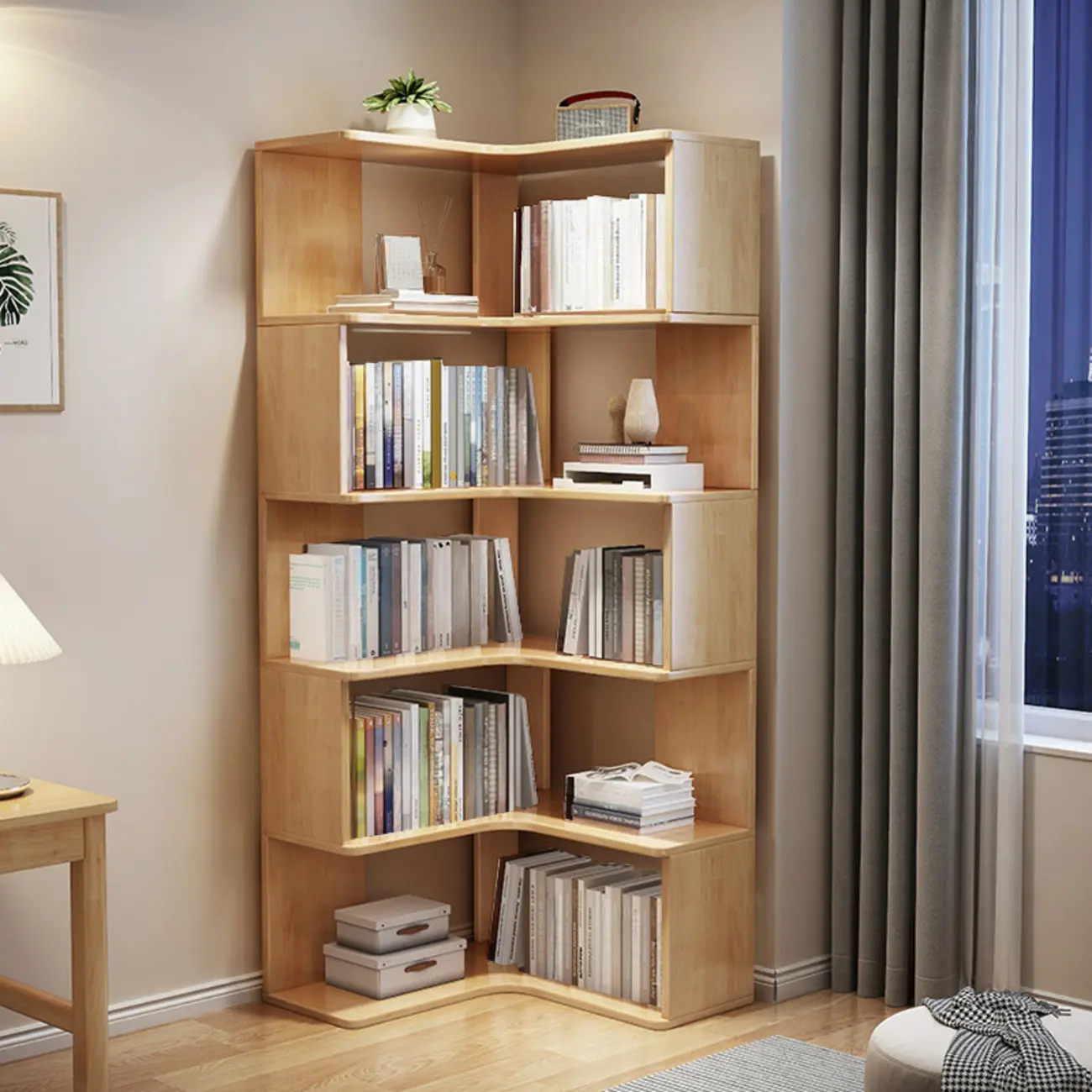 Grey Wood 5-Tier Open Corner Display Bookcase Image - 3 | homeyfad