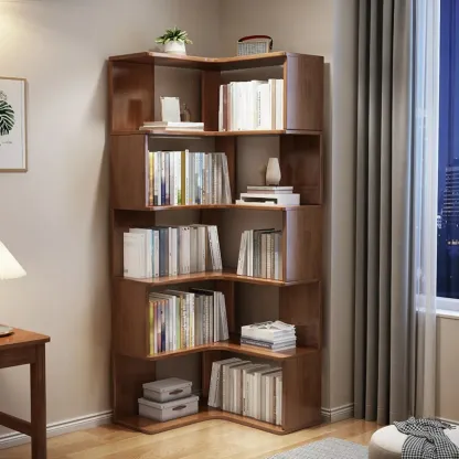 Grey Wood 5-Tier Open Corner Display Bookcase Image - 4