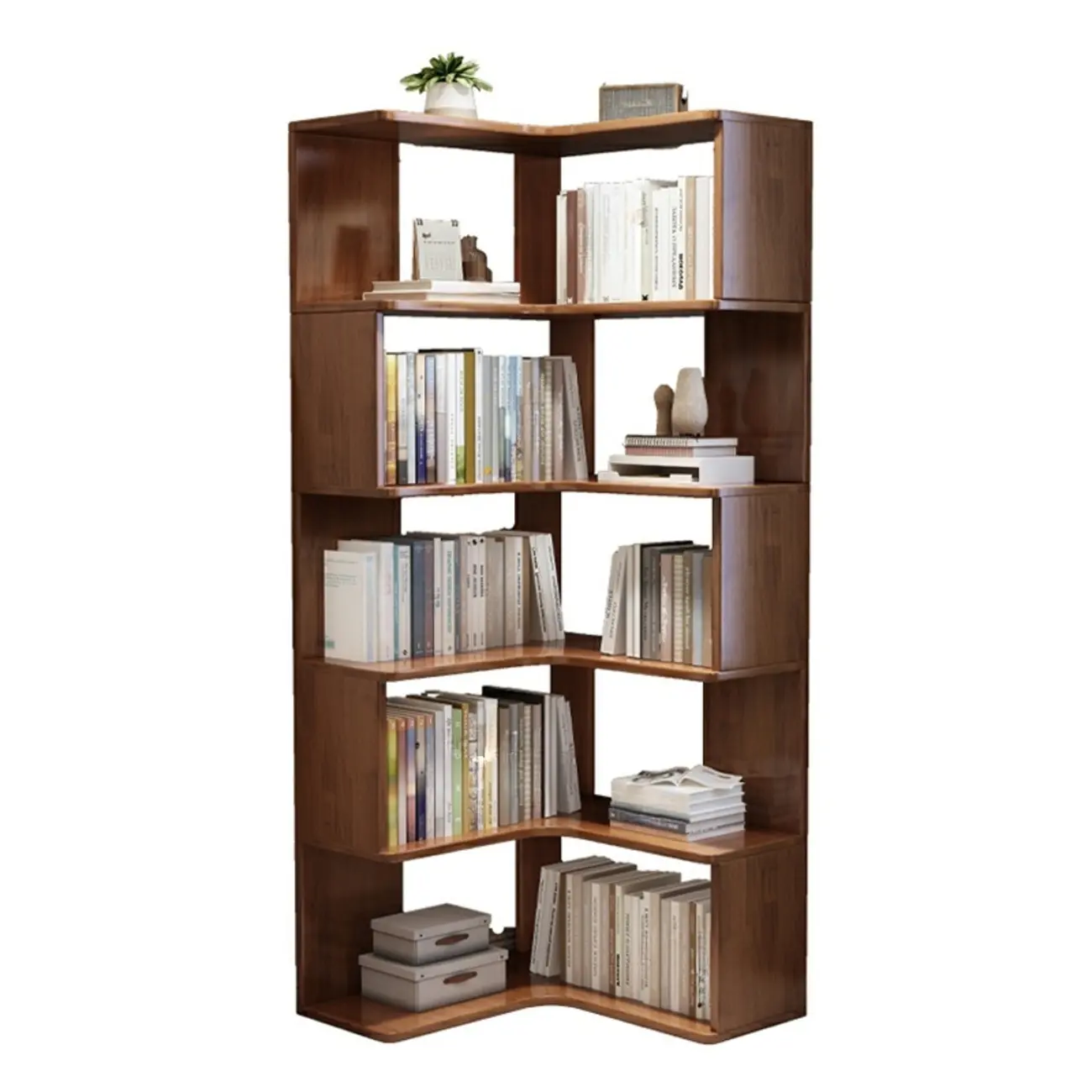Grey Wood 5-Tier Open Corner Display Bookcase Image - 5 | homeyfad