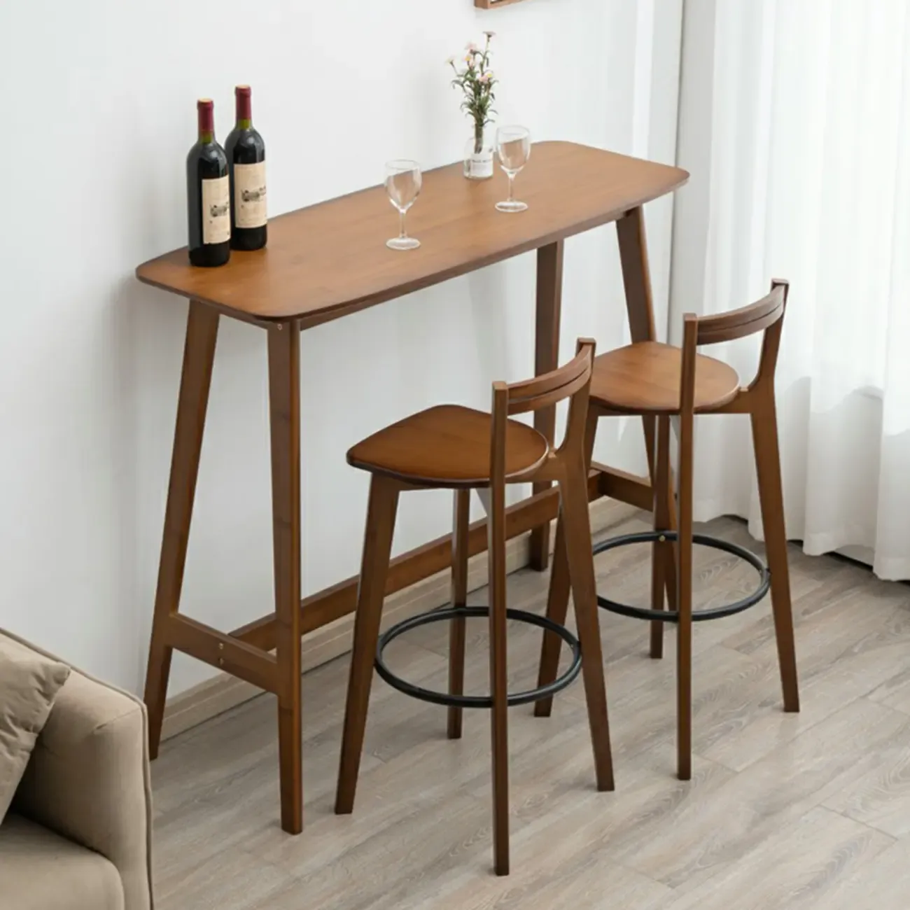 Simple Brown Bamboo 4-Leg Trestle Bar Tables Image - 1