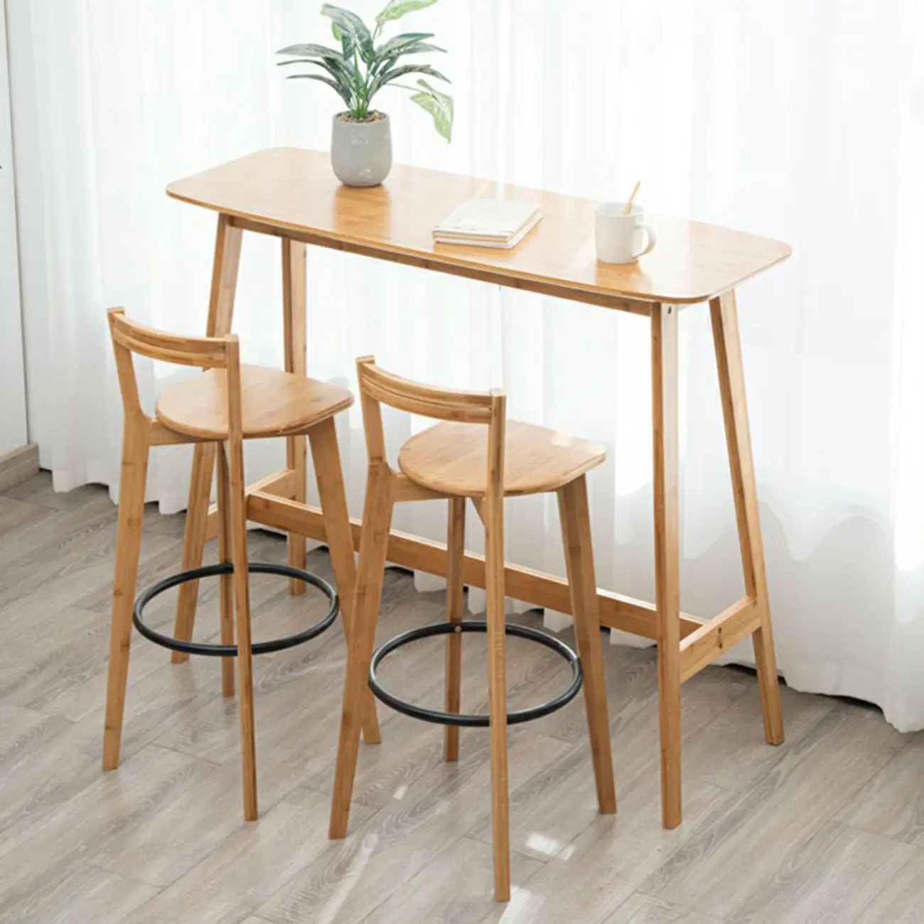 Simple Brown Bamboo 4-Leg Trestle Bar Tables Image - 4 | homeyfad