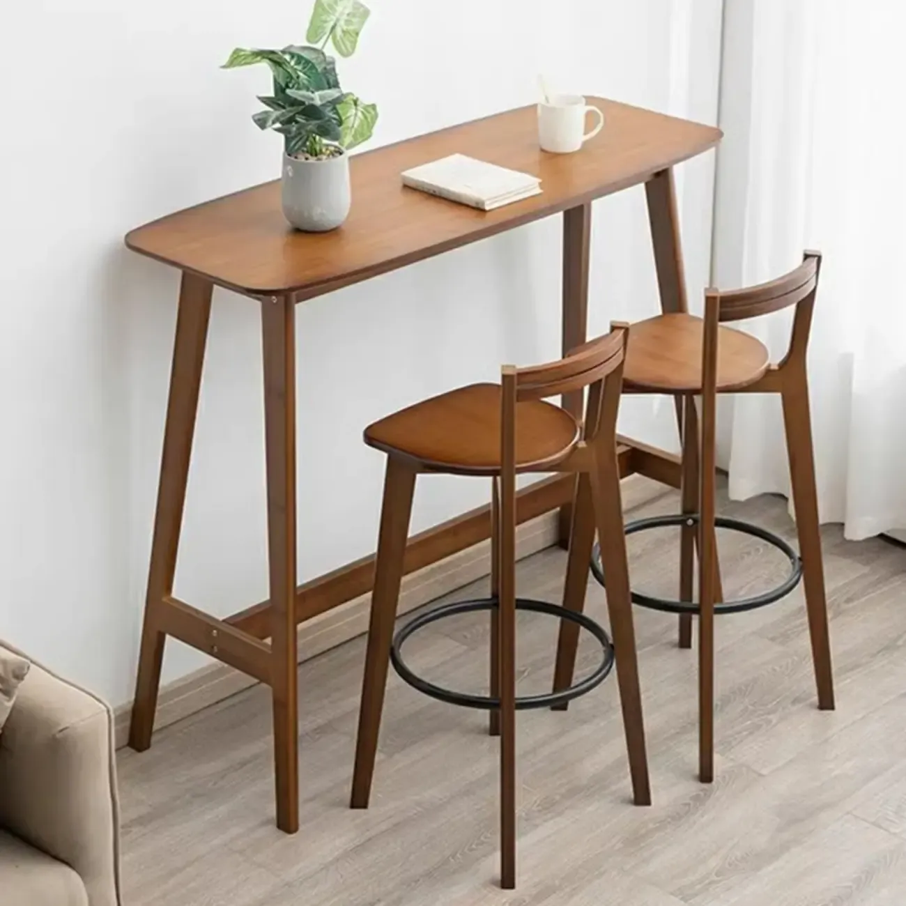 Simple Brown Bamboo 4-Leg Trestle Bar Tables Image - 6