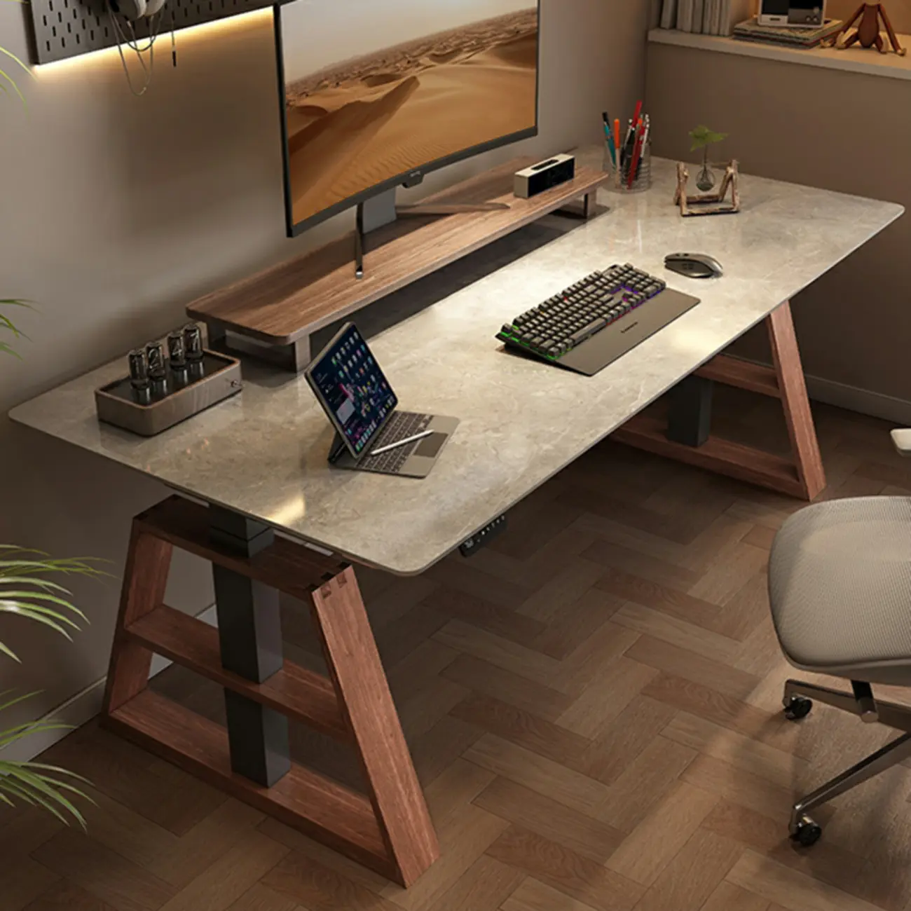 Modish Stone Wood Automatic Adjustable Office Desk Image - 1 | homeyfad