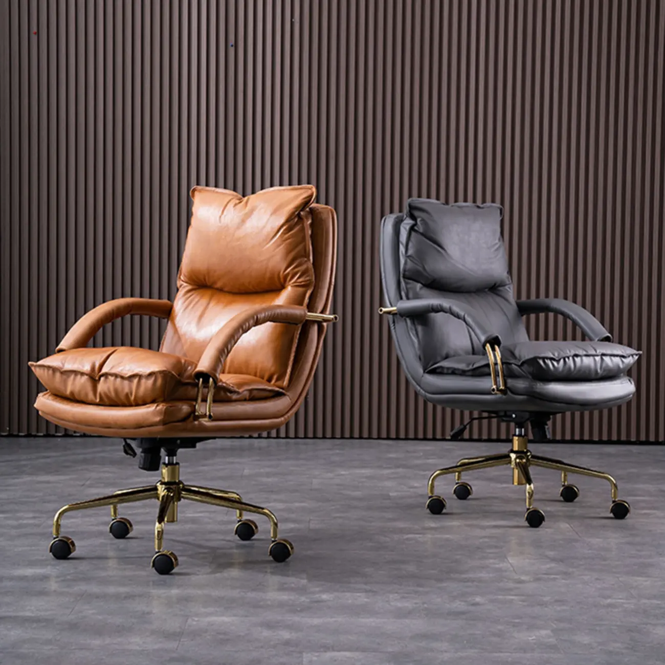 Brown Leather Upholstered Adjustable Wheeled Office Chair Image - 8 | homeyfad