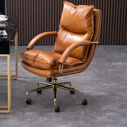 Brown Leather Upholstered Adjustable Wheeled Office Chair Image - 1