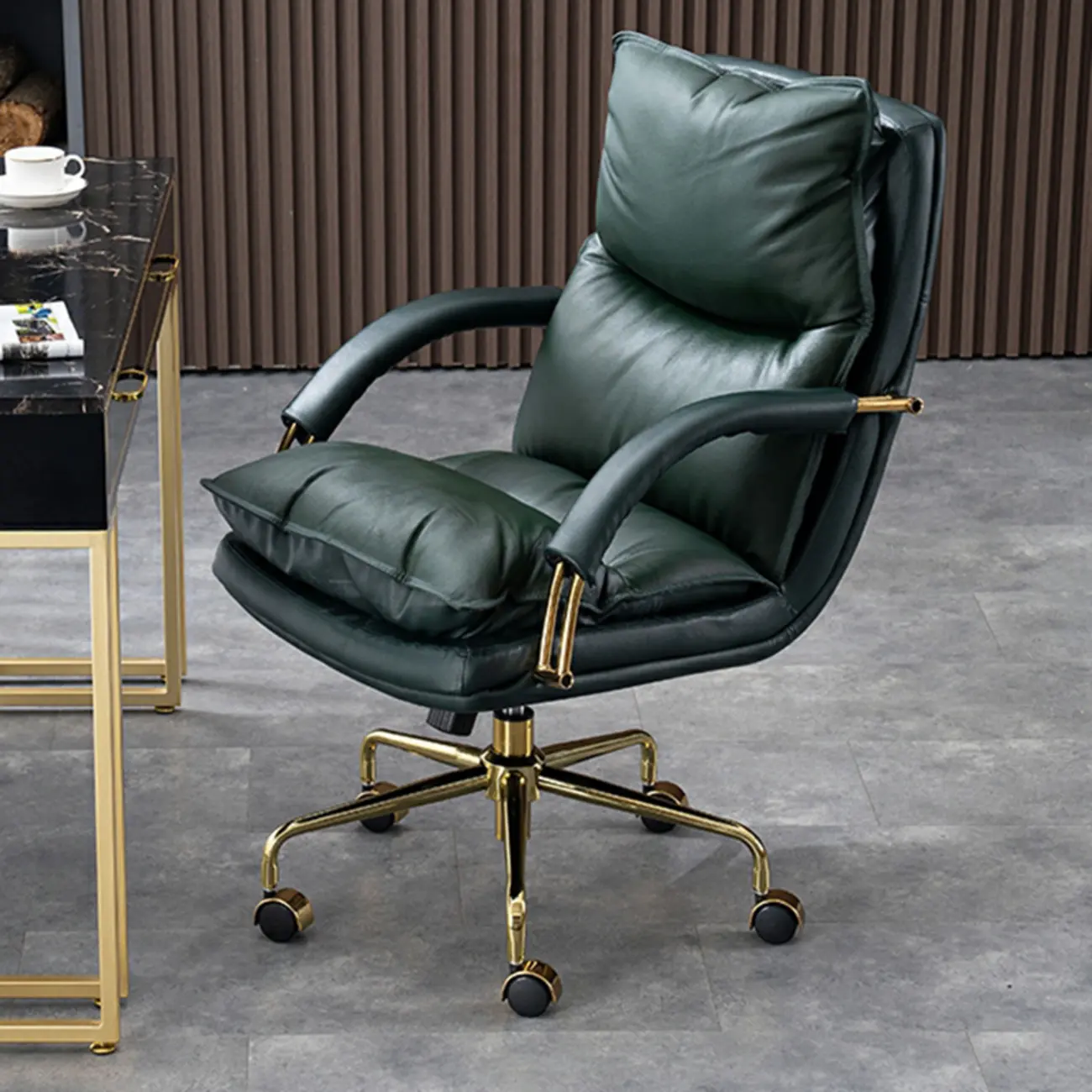 Brown Leather Upholstered Adjustable Wheeled Office Chair Image - 3 | homeyfad