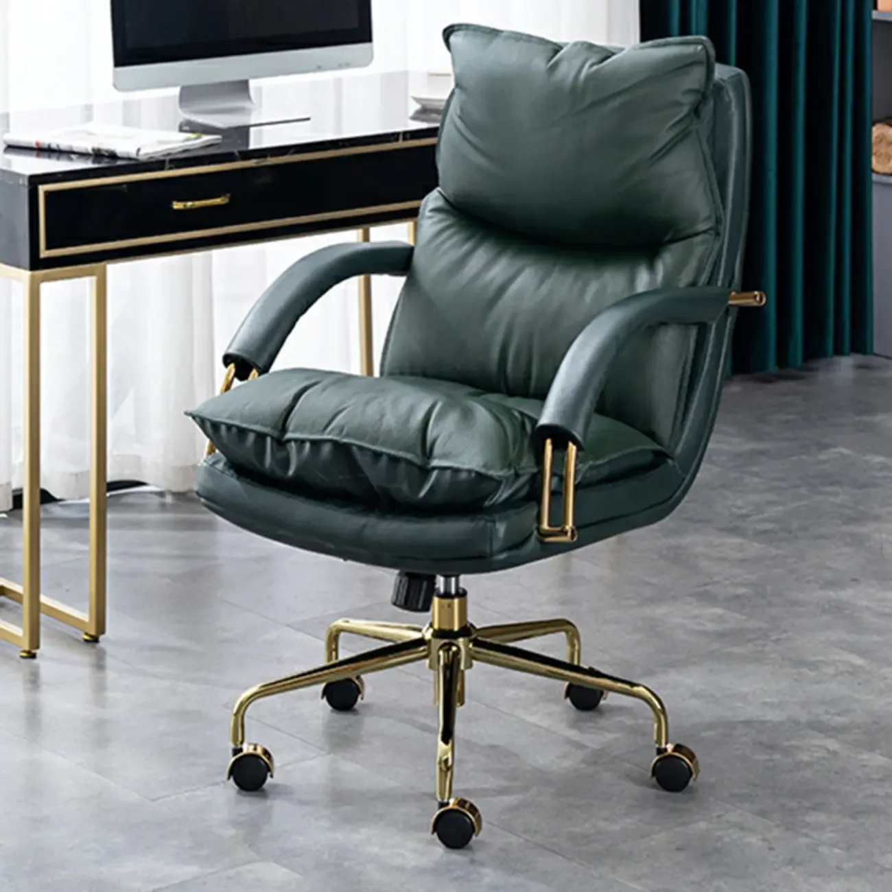 Brown Leather Upholstered Adjustable Wheeled Office Chair Image - 4