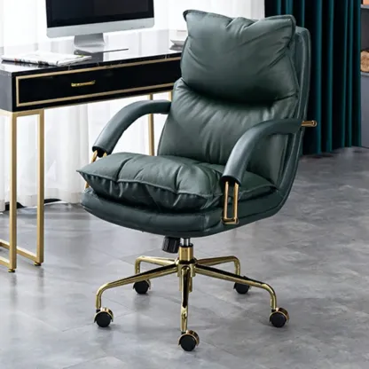 Brown Leather Upholstered Adjustable Wheeled Office Chair Image - 4