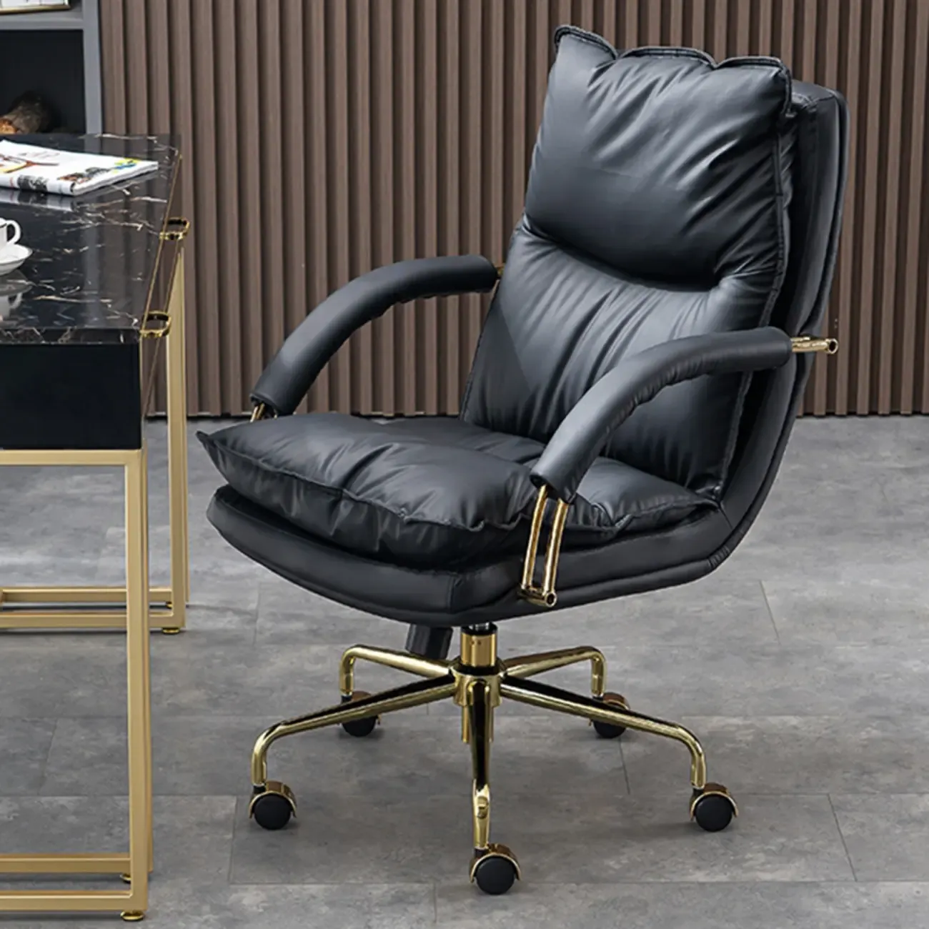 Brown Leather Upholstered Adjustable Wheeled Office Chair Image - 6