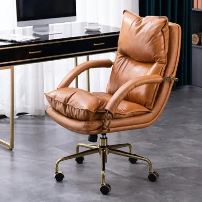 Brown Leather Upholstered Adjustable Wheeled Office Chair Image - 2