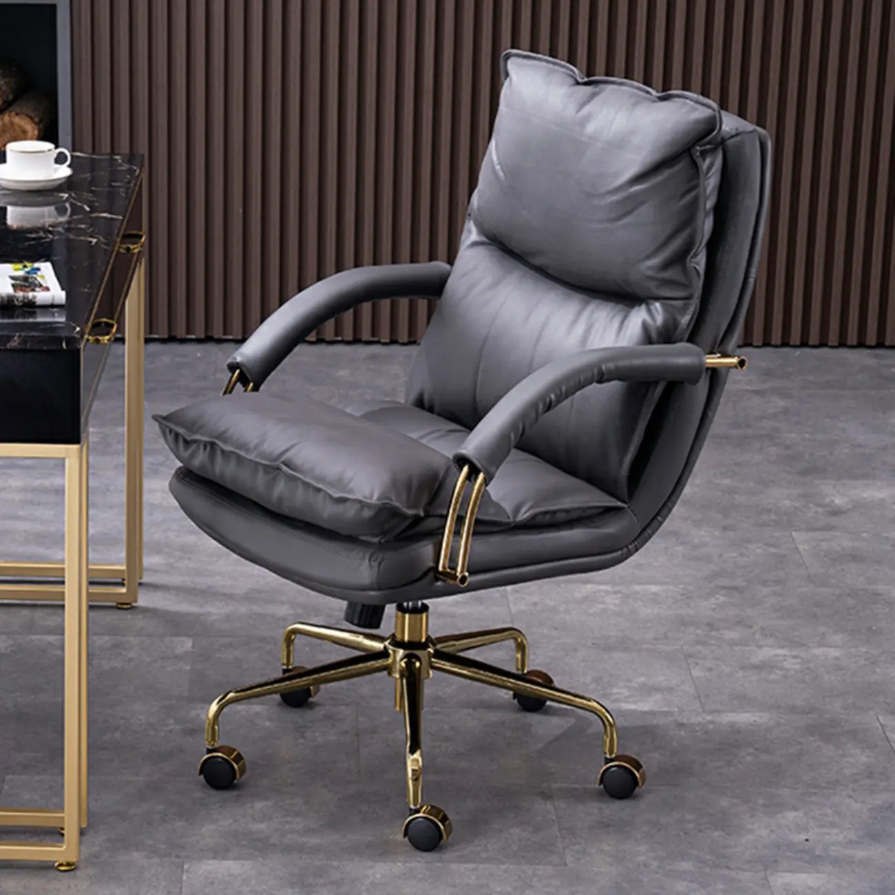 Brown Leather Upholstered Adjustable Wheeled Office Chair Image - 7 | homeyfad