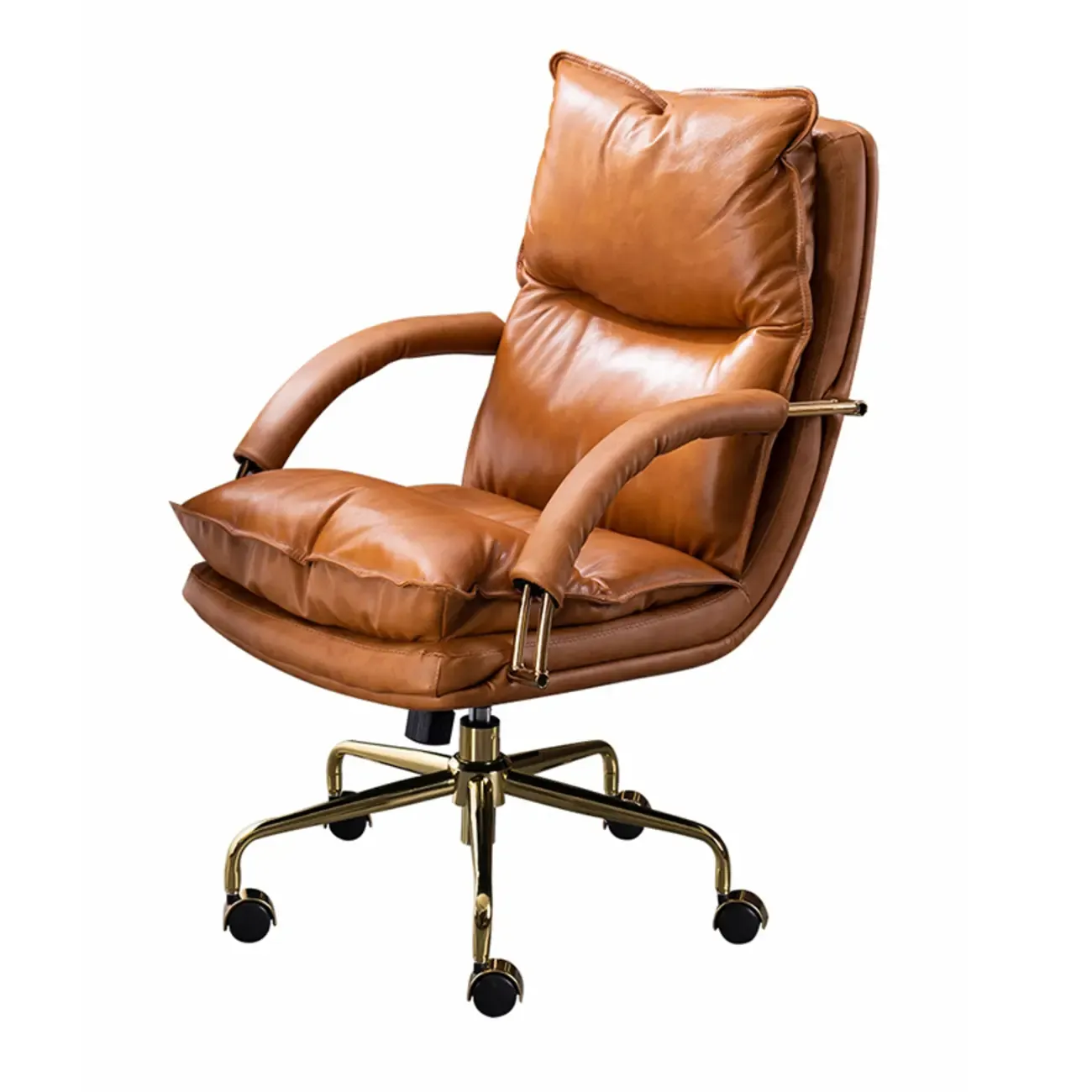 Brown Leather Upholstered Adjustable Wheeled Office Chair Image - 9