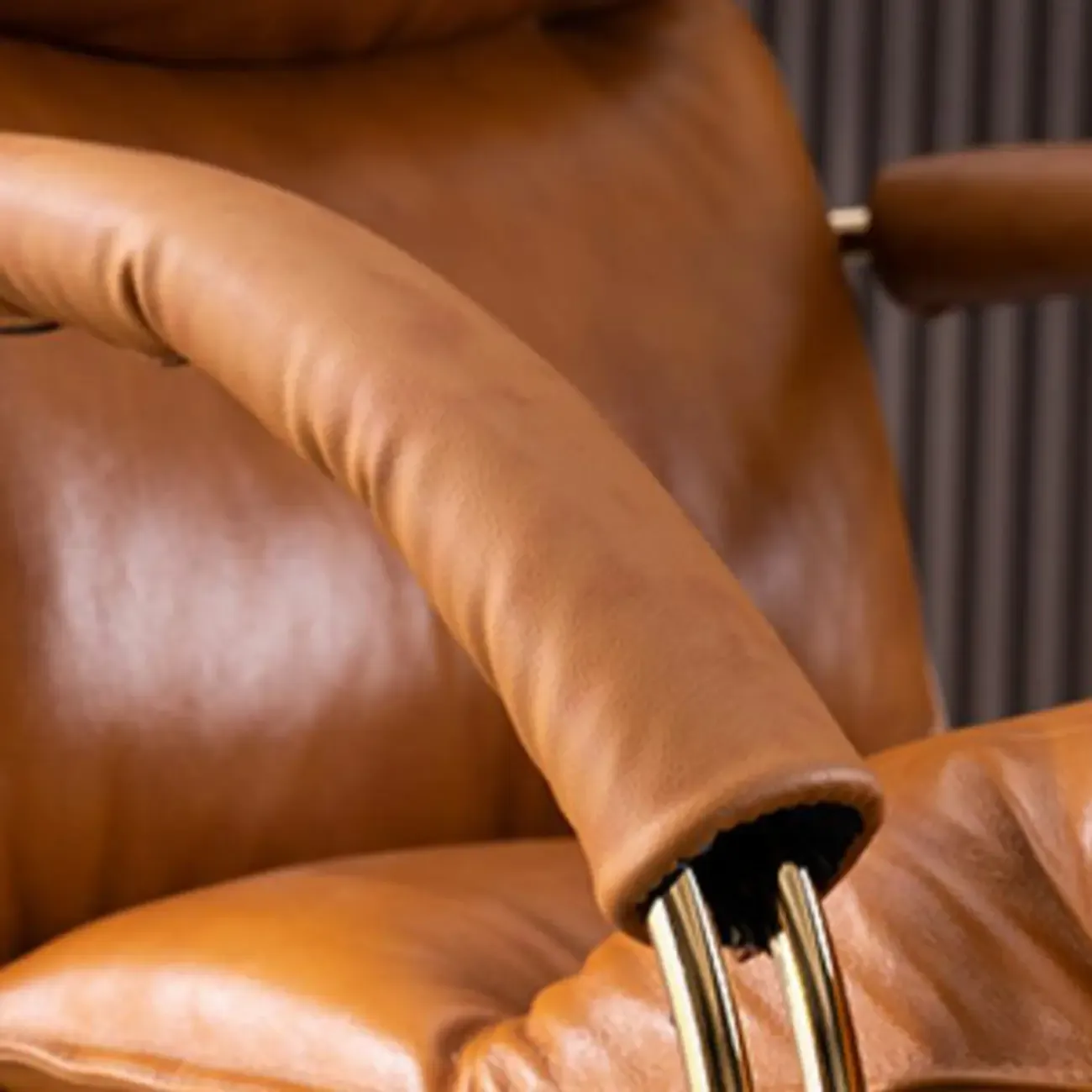 Brown Leather Upholstered Adjustable Wheeled Office Chair Image - 11