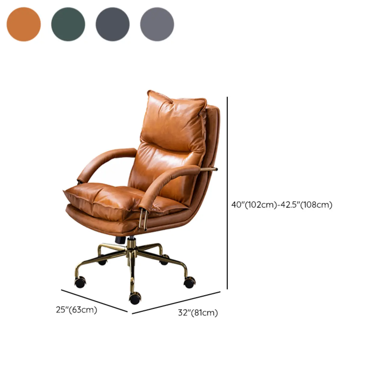 Brown Genuine Leather Ergonomic Wheeled Office Chair #size