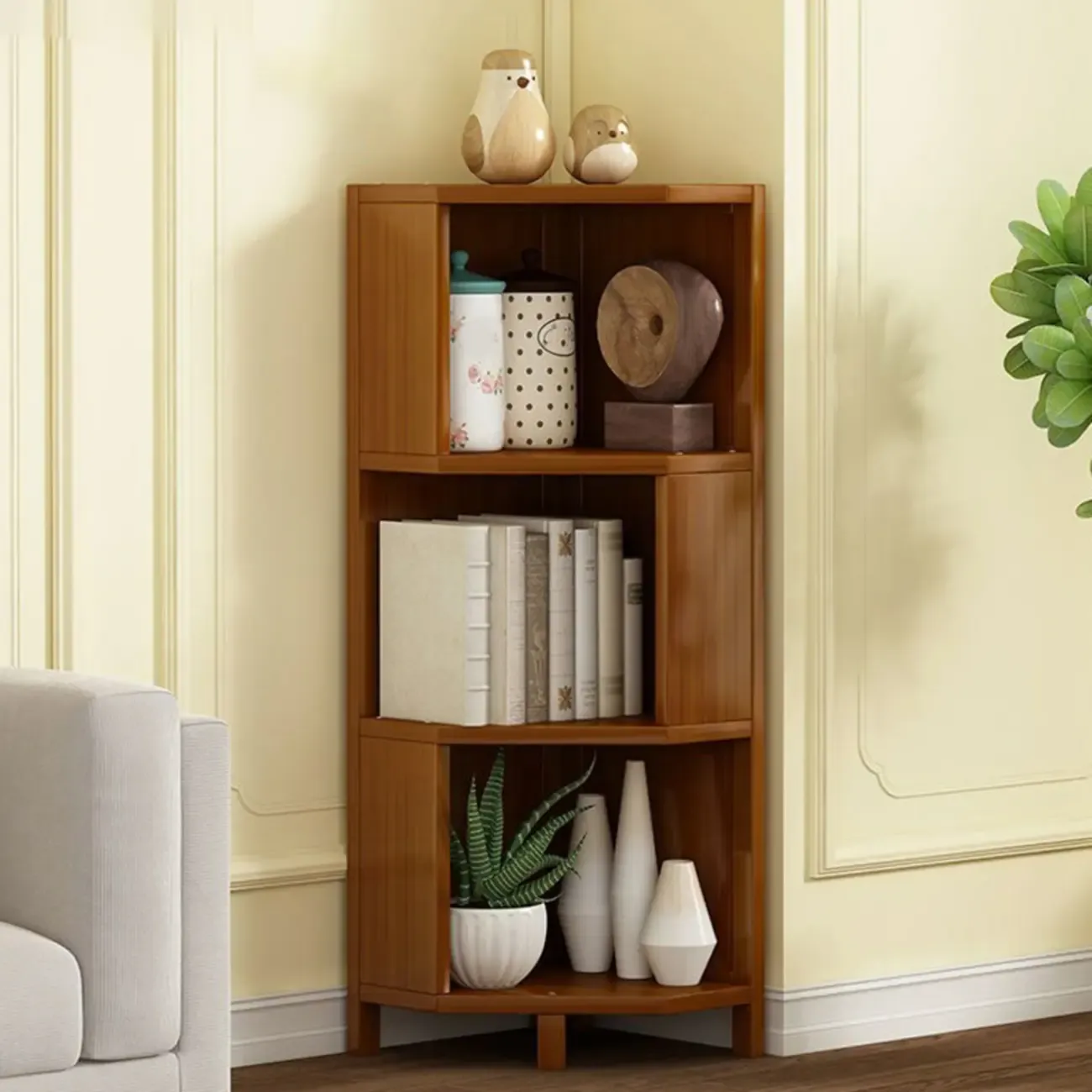 Geometric Multi-Layer Brown Wooden Storage Corner Cabinet Image - 2
