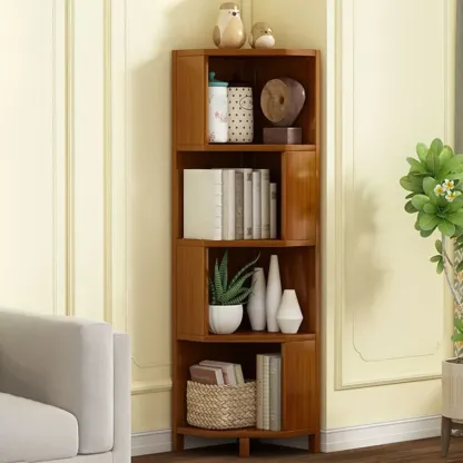 Geometric Multi-Layer Brown Wooden Storage Corner Cabinet Image - 3