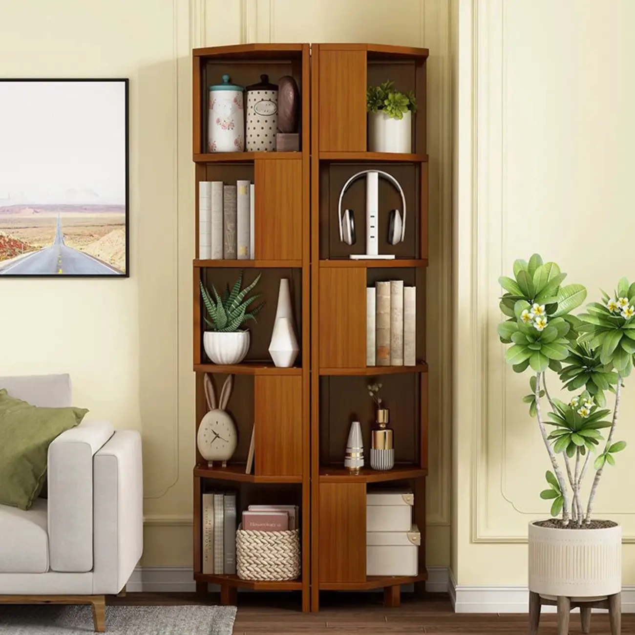 Geometric Multi-Layer Brown Wooden Storage Corner Cabinet Image - 4 | homeyfad