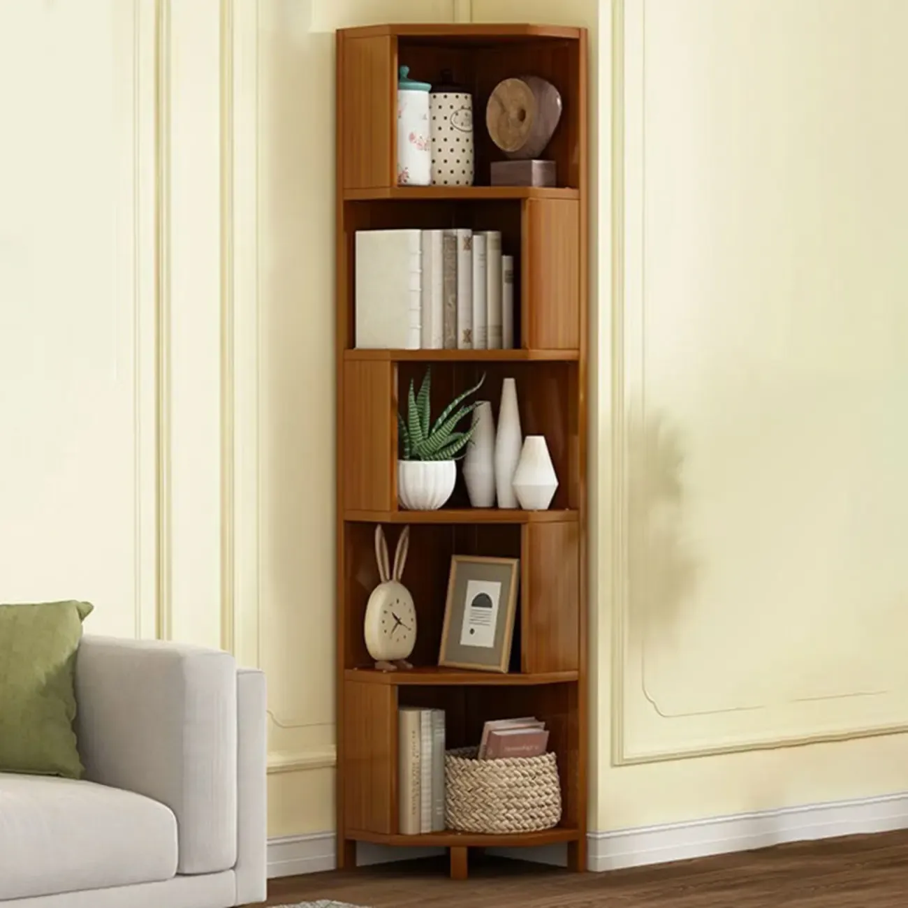 Geometric Multi-Layer Brown Wooden Storage Corner Cabinet Image - 5