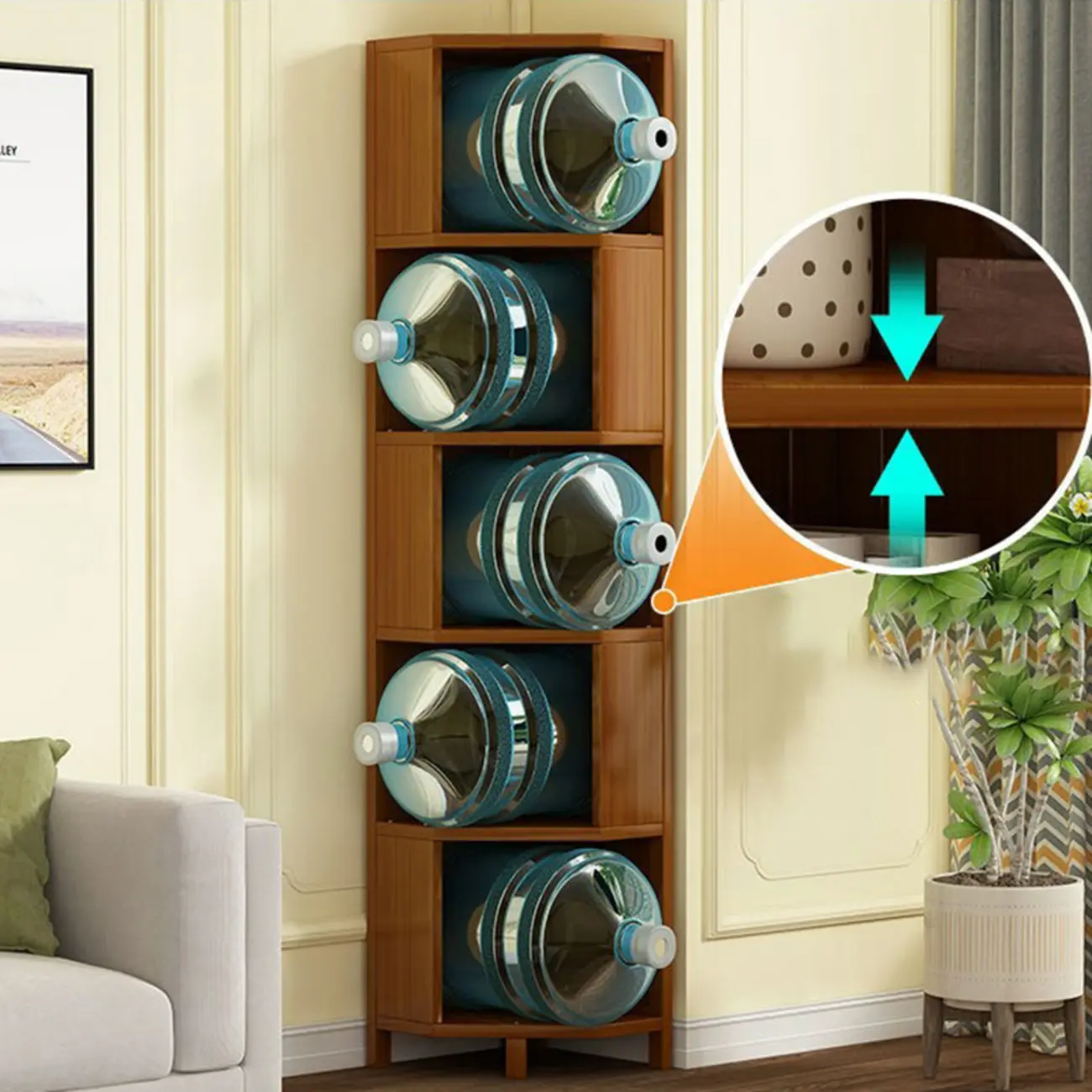 Geometric Multi-Layer Brown Wooden Storage Corner Cabinet Image - 12 | homeyfad