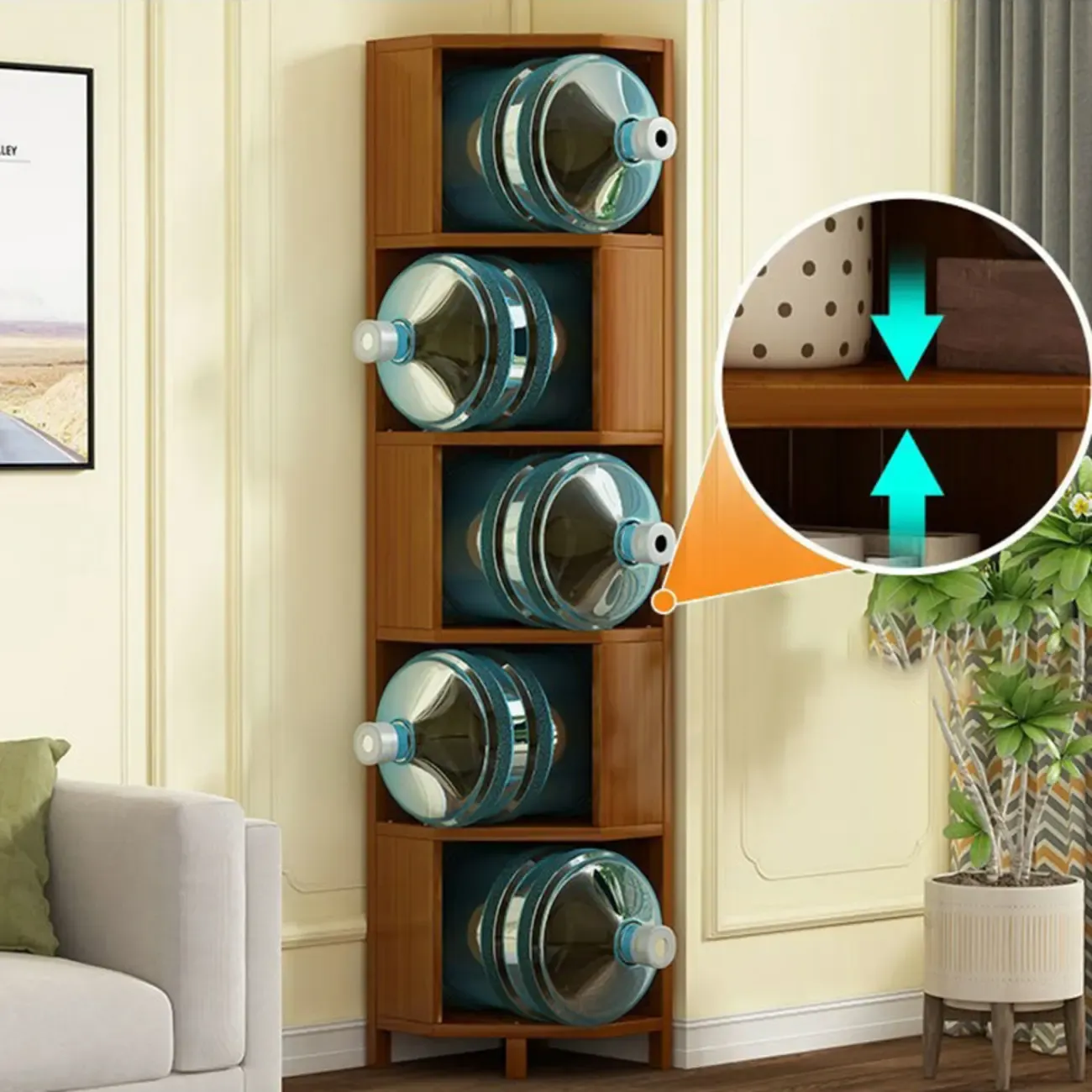 Geometric Multi-Layer Brown Wooden Storage Corner Cabinet Image - 12