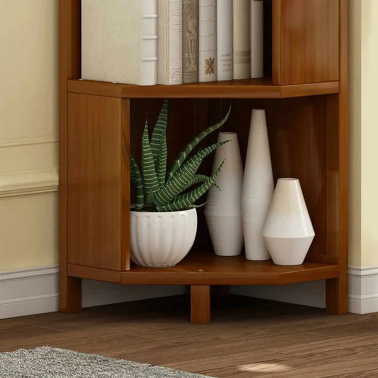 Geometric Multi-Layer Brown Wooden Storage Corner Cabinet Image - 14 | homeyfad