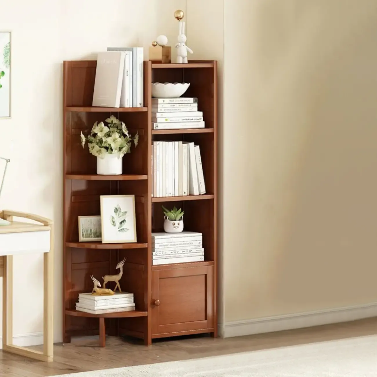 Geometric Multi-Layer Brown Wooden Storage Corner Cabinet Image - 15