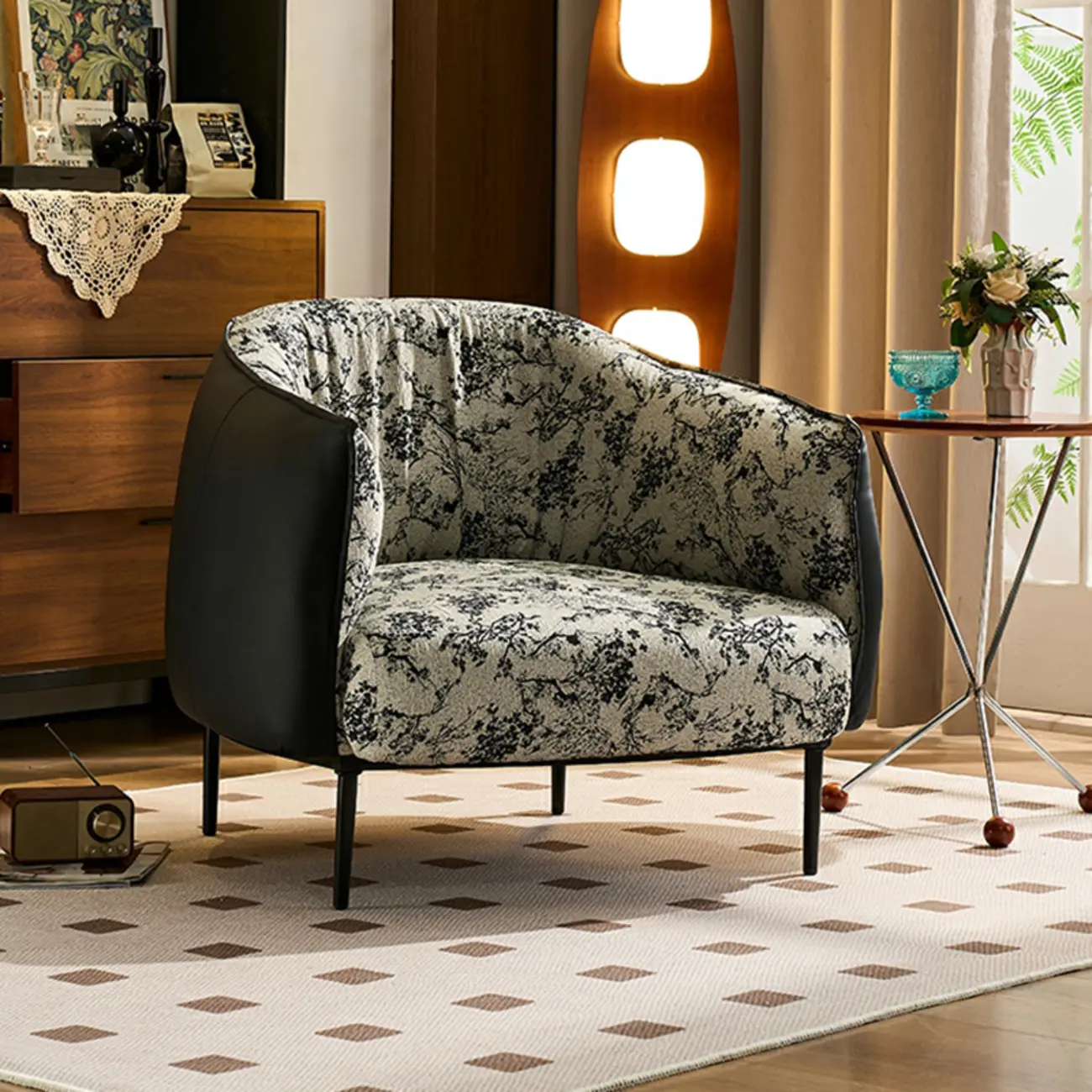 Retro Leather Barrel Accent Chair with Floral Fabric for Home Image - 1 | homeyfad