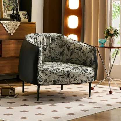 Retro Leather Barrel Accent Chair with Floral Fabric for Home Image - 1