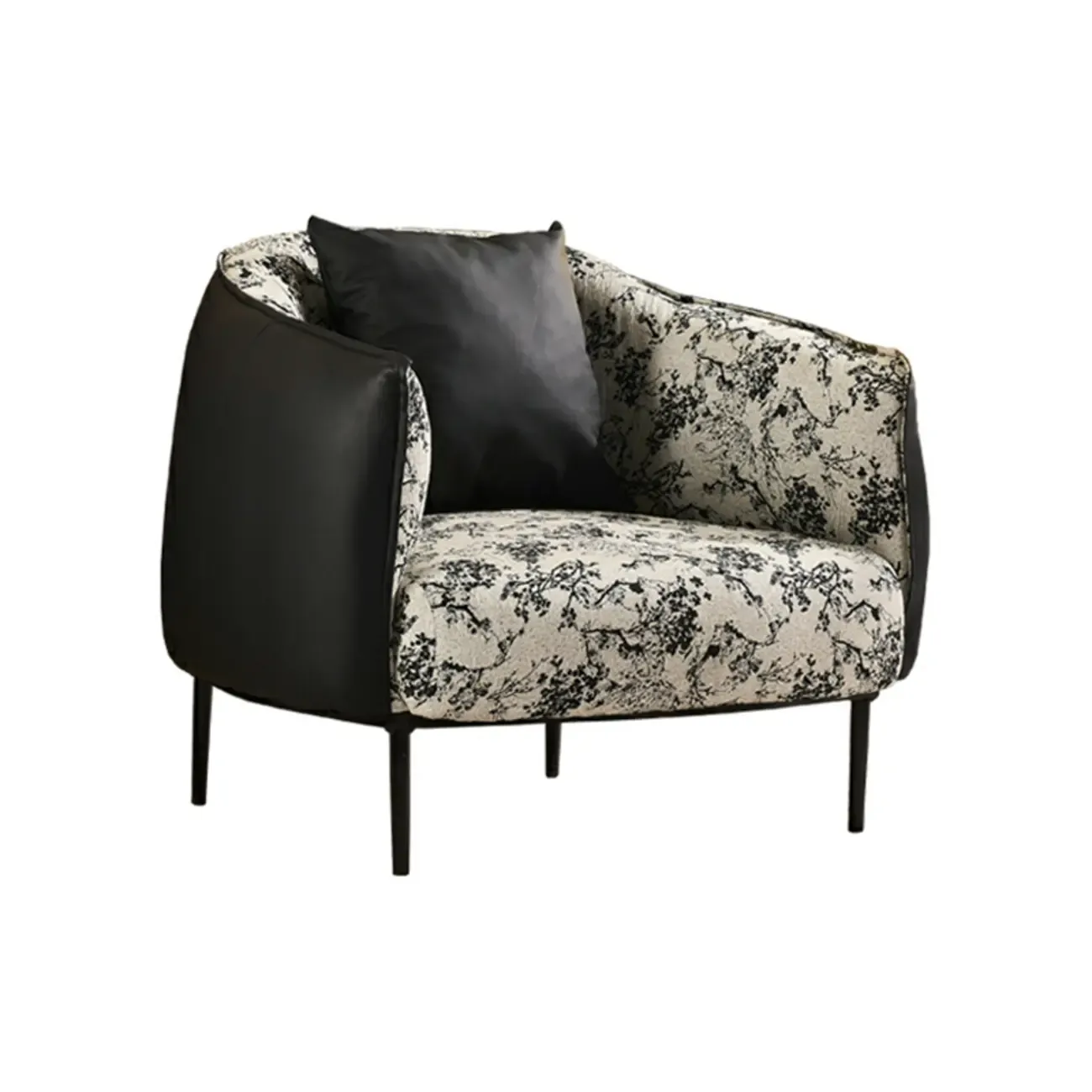 Retro Leather Barrel Accent Chair with Floral Fabric for Home Image - 5