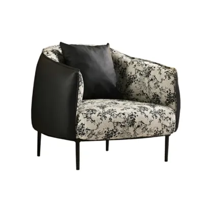 Retro Leather Barrel Accent Chair with Floral Fabric for Home Image - 5