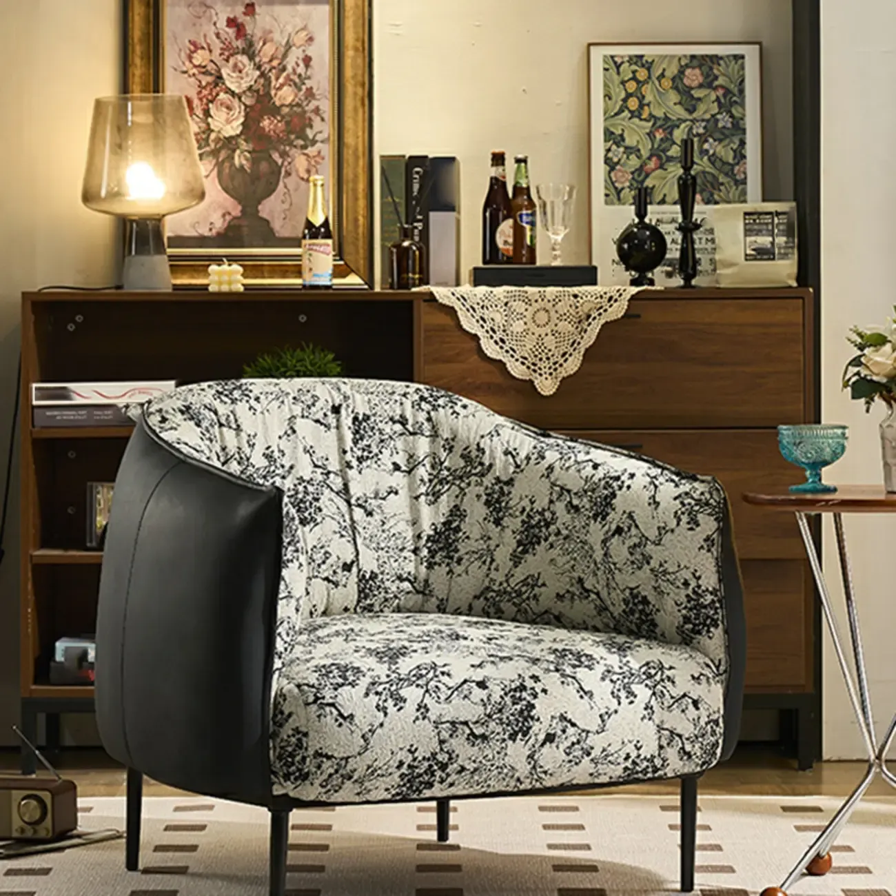 Retro Leather Barrel Accent Chair with Floral Fabric for Home Image - 6