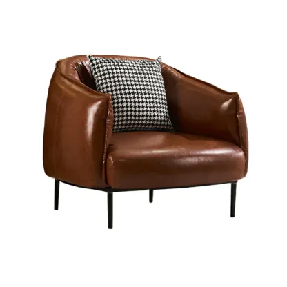 Retro Leather Barrel Accent Chair with Floral Fabric for Home Image - 7