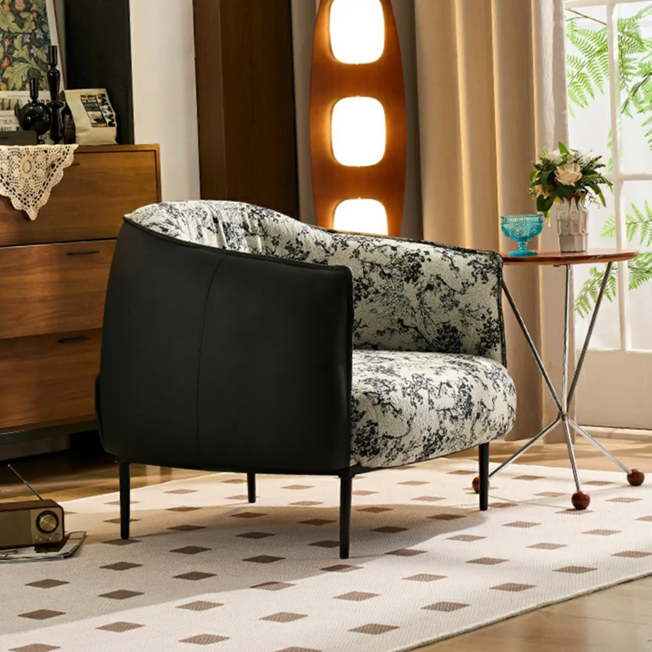 Retro Leather Barrel Accent Chair with Floral Fabric for Home Image - 3 | homeyfad