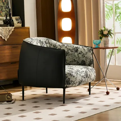 Retro Leather Barrel Accent Chair with Floral Fabric for Home Image - 3