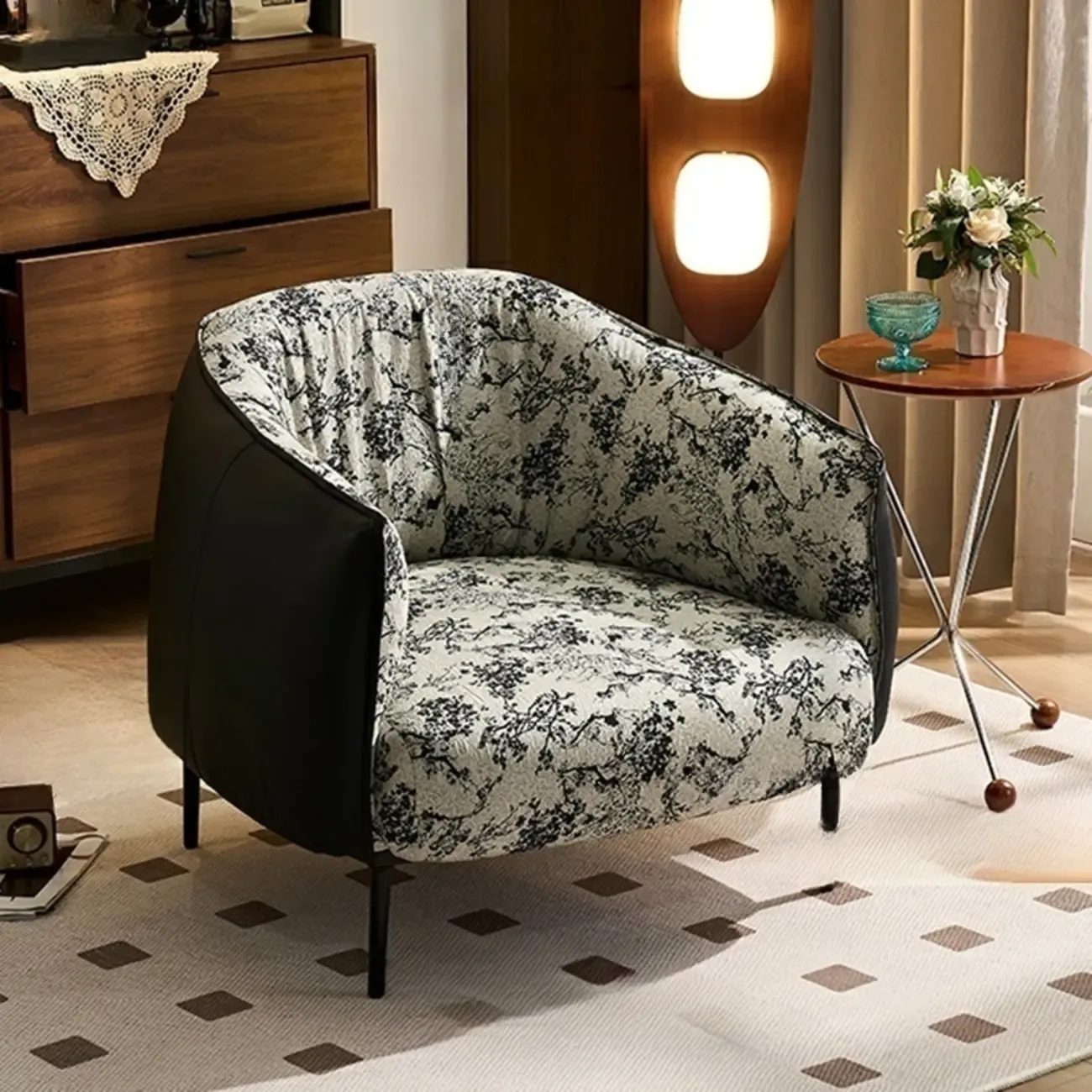 Retro Leather Barrel Accent Chair with Floral Fabric for Home Image - 9