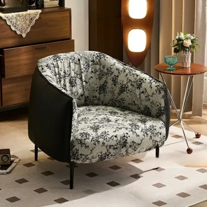 Retro Leather Barrel Accent Chair with Floral Fabric for Home Image - 9
