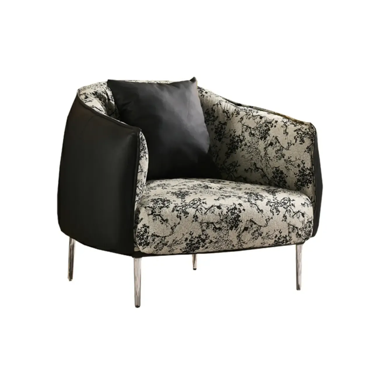 Retro Leather Barrel Accent Chair with Floral Fabric for Home Image - 10