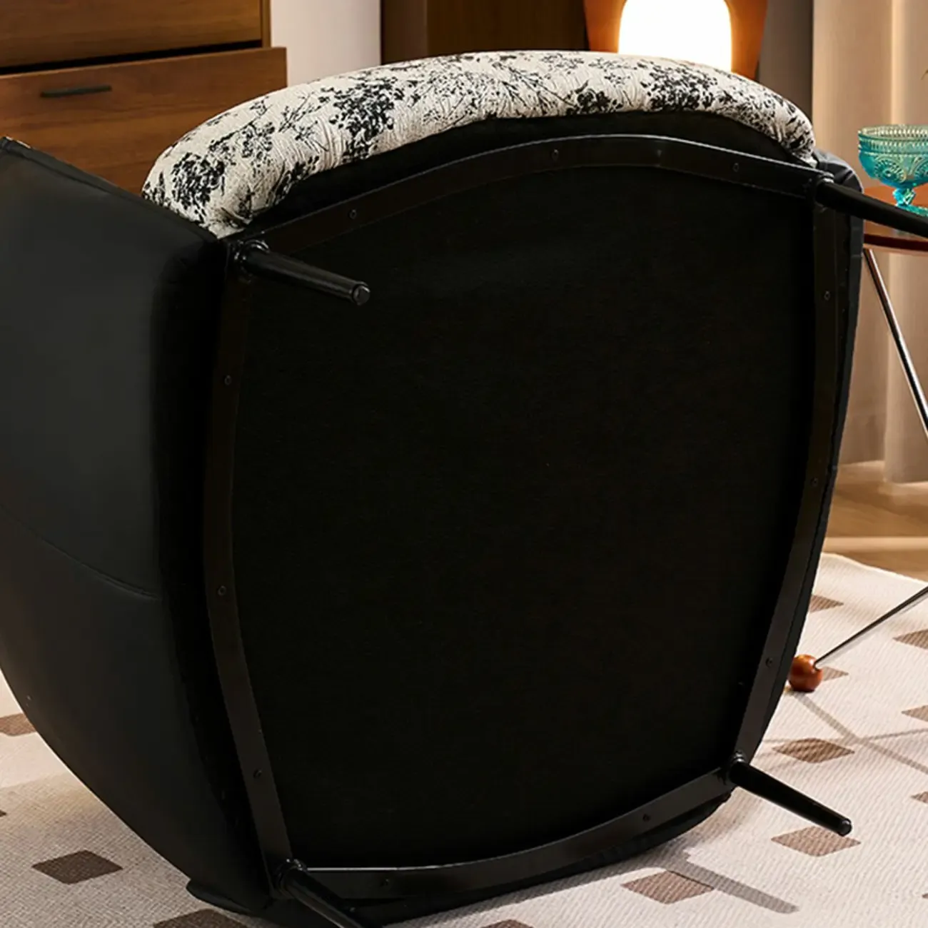 Retro Leather Barrel Accent Chair with Floral Fabric for Home Image - 14