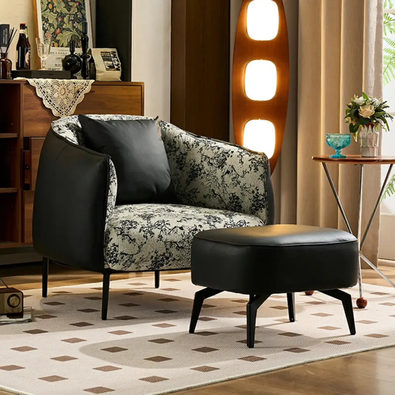Retro Leather Barrel Accent Chair with Floral Fabric for Home Image - 2