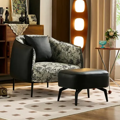 Retro Leather Barrel Accent Chair with Floral Fabric for Home Image - 2