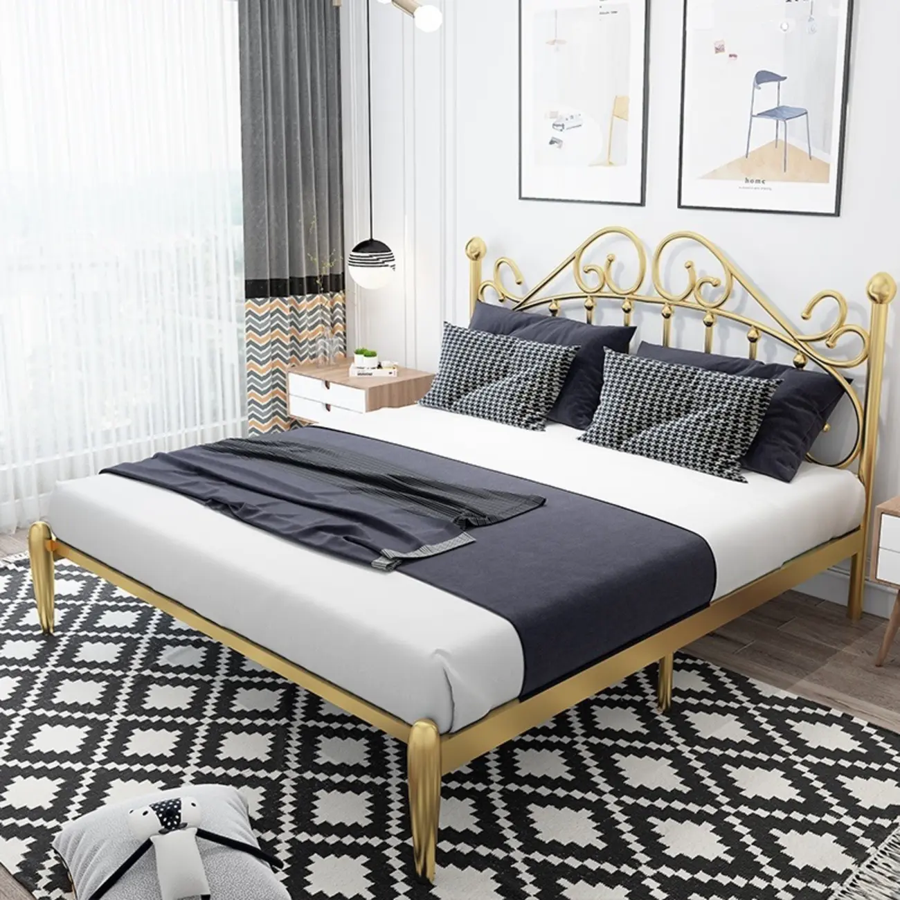 Glam Metal Headboard Platform Bed Frame with Footboard Image - 1 | homeyfad